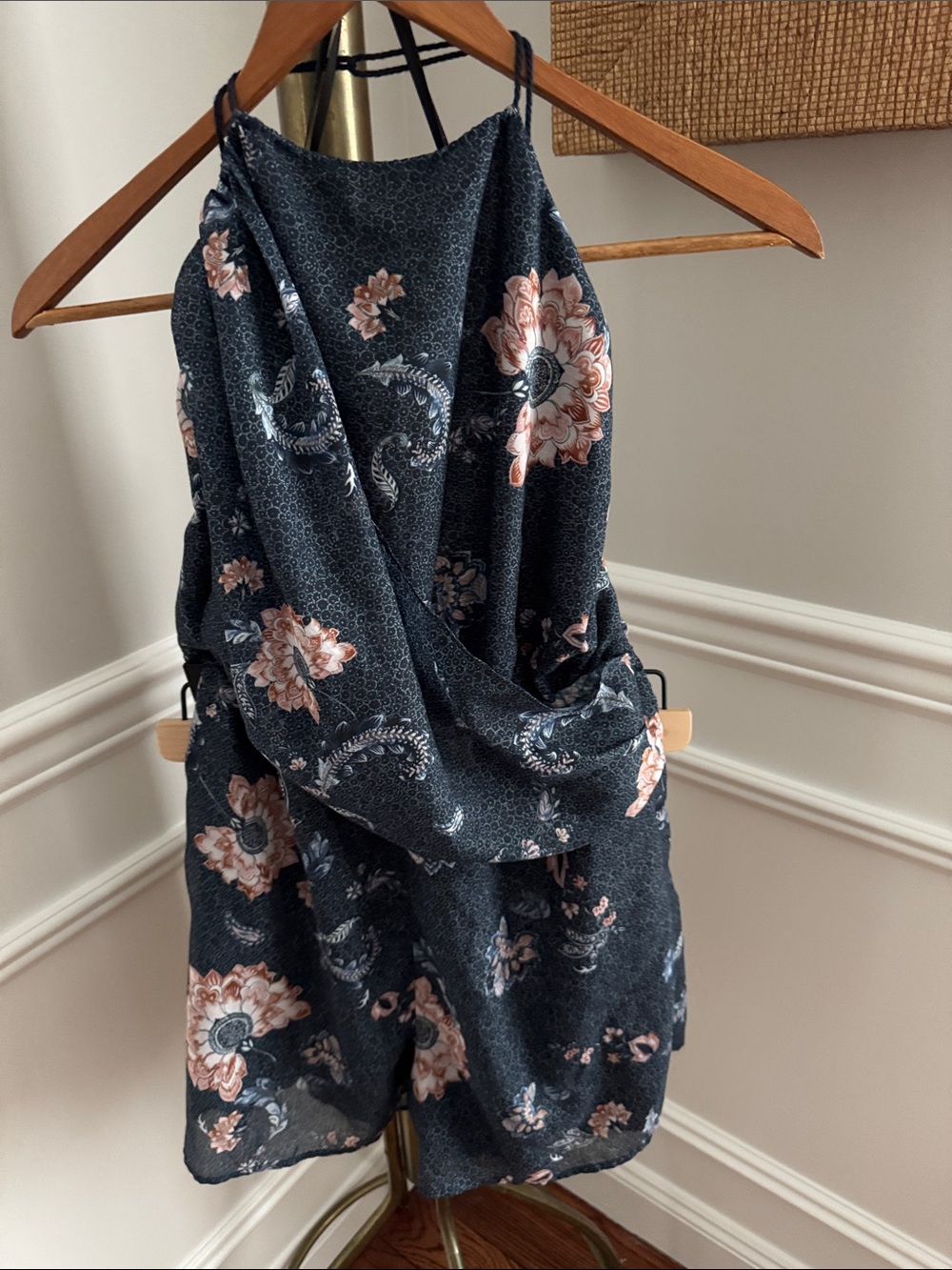 Floral Halter Romper in Navy with Blush Flowers